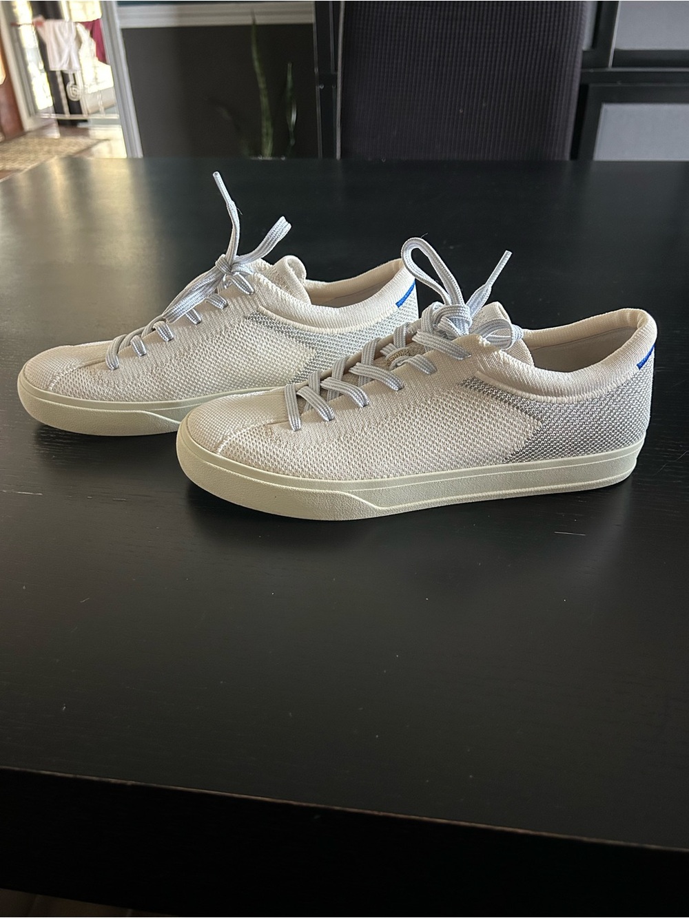 Rothy's Women’s Knit Lace-Up Sneakers in Off-White with Blue Accent